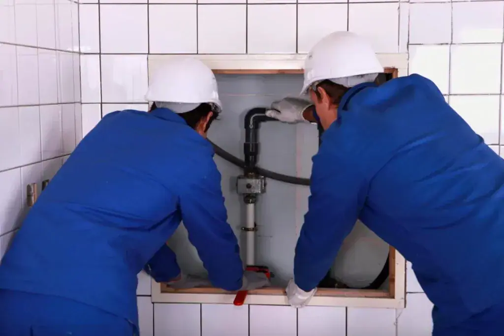 Zwei Installateure arbeiten an einer geöffneten Wasserleitung hinter der Wand